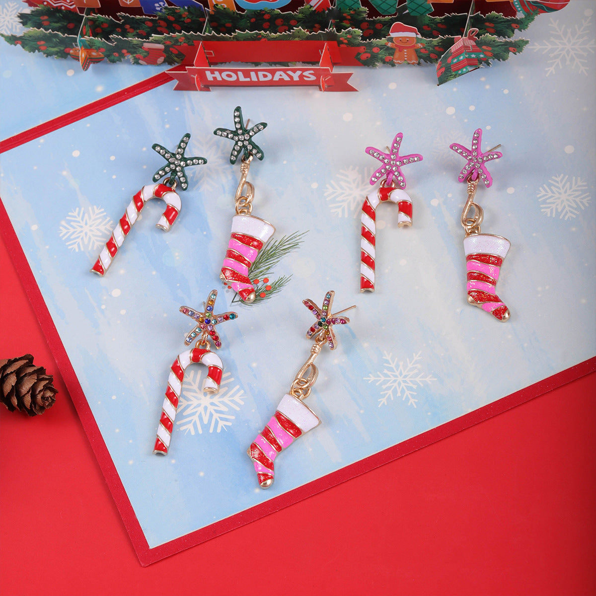 Wholesale Christmas Walking Stick Alloy Diamond and Rice Bead Earrings